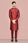 Buy_Arihant Rai Sinha_Maroon Dupion Art Silk Plain Mandarin Collar Kurta Set _at_Aza_Fashions