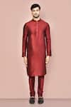 Buy_Arihant Rai Sinha_Maroon Dupion Art Silk Plain Mandarin Collar Kurta Set _Online_at_Aza_Fashions