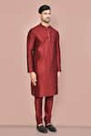 Shop_Arihant Rai Sinha_Maroon Dupion Art Silk Plain Mandarin Collar Kurta Set _Online_at_Aza_Fashions