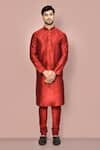 Buy_Arihant Rai Sinha_Red Dupion Art Silk Plain Mandarin Collar Kurta And Churidar Set _at_Aza_Fashions