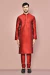 Buy_Arihant Rai Sinha_Red Dupion Art Silk Plain Mandarin Collar Kurta And Churidar Set _Online_at_Aza_Fashions