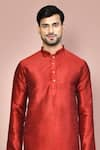 Shop_Arihant Rai Sinha_Red Dupion Art Silk Plain Mandarin Collar Kurta And Churidar Set _Online_at_Aza_Fashions