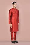 Arihant Rai Sinha_Red Dupion Art Silk Plain Mandarin Collar Kurta And Churidar Set _at_Aza_Fashions