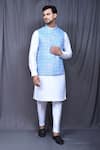 Buy_Aryavir Malhotra_Blue Art Silk Embroidered Floral Nehru Jacket And White Kurta Set _at_Aza_Fashions