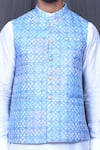 Shop_Aryavir Malhotra_Blue Art Silk Embroidered Floral Nehru Jacket And White Kurta Set _Online_at_Aza_Fashions