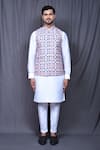 Shop_Aryavir Malhotra_Multi Color Art Silk Printed Floral And Embroidered Nehru Jacket Set _Online_at_Aza_Fashions