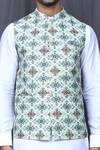 Shop_Aryavir Malhotra_Green Art Silk Printed Floral Nehru Jacket And Kurta Set _Online_at_Aza_Fashions