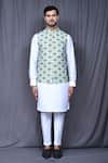 Aryavir Malhotra_Green Art Silk Printed Floral Nehru Jacket And Kurta Set _at_Aza_Fashions