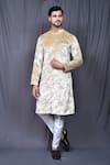 Buy_Aryavir Malhotra_Beige Kurta  Velvet Printed Floral And Pant Set _at_Aza_Fashions