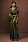 Buy_Dressfolk_Green Chanderi, Tissue Zari Handwoven Color Blocked Saree With Running Blouse_at_Aza_Fashions