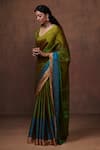 Dressfolk_Green Chanderi, Tissue Zari Handwoven Color Blocked Saree With Running Blouse_Online_at_Aza_Fashions