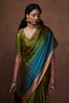 Shop_Dressfolk_Green Chanderi, Tissue Zari Handwoven Color Blocked Saree With Running Blouse_Online_at_Aza_Fashions
