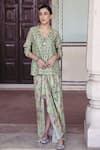 Buy_Drishti & Zahabia_Green Dupion Silk Printed Floral Shawl Collar Kurta And Cowl Draped Skirt Set _at_Aza_Fashions