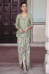 Shop_Drishti & Zahabia_Green Dupion Silk Printed Floral Shawl Collar Kurta And Cowl Draped Skirt Set _at_Aza_Fashions