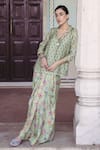 Drishti & Zahabia_Green Dupion Silk Printed Floral Shawl Collar Kurta And Cowl Draped Skirt Set _Online_at_Aza_Fashions