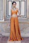 Buy_Drishti & Zahabia_Orange Dupion Silk Printed Floral Square Neck Crop Top And Panelled Pant Set_at_Aza_Fashions