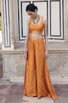 Drishti & Zahabia_Orange Dupion Silk Printed Floral Square Neck Crop Top And Panelled Pant Set_Online_at_Aza_Fashions