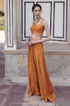 Buy_Drishti & Zahabia_Orange Dupion Silk Printed Floral Square Neck Crop Top And Panelled Pant Set_Online_at_Aza_Fashions