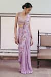 Drishti & Zahabia_Purple Dupion Silk Printed Floral Sweetheart Neck Pre-draped Saree With Blouse_Online_at_Aza_Fashions