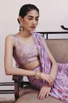 Buy_Drishti & Zahabia_Purple Dupion Silk Printed Floral Sweetheart Neck Pre-draped Saree With Blouse_Online_at_Aza_Fashions