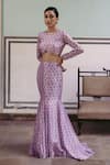 Drishti & Zahabia_Purple Dupion Silk Printed Floral Round Crop Top And Fish Tail Skirt Set _Online_at_Aza_Fashions