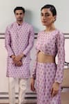 Shop_Drishti & Zahabia_Purple Dupion Silk Printed Floral Round Crop Top And Fish Tail Skirt Set _Online_at_Aza_Fashions