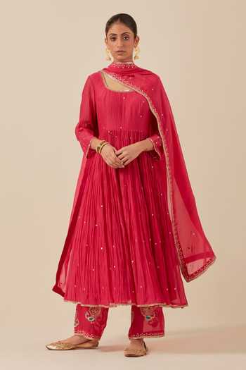 Buy_Ikshita Choudhary_Pink Chanderi, Tissue, Organza Embroidery, Sequins Hand Work Anarkali Pant Set _at_Aza_Fashions