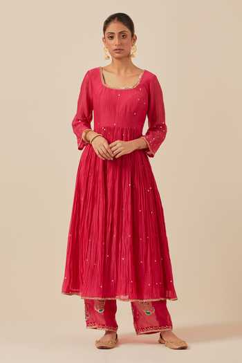 Ikshita Choudhary_Pink Chanderi, Tissue, Organza Embroidery, Sequins Hand Work Anarkali Pant Set _Online_at_Aza_Fashions
