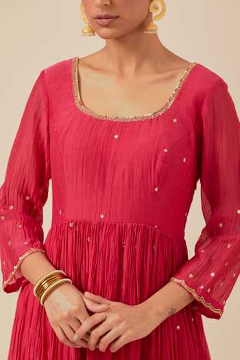 Shop_Ikshita Choudhary_Pink Chanderi, Tissue, Organza Embroidery, Sequins Hand Work Anarkali Pant Set _Online_at_Aza_Fashions