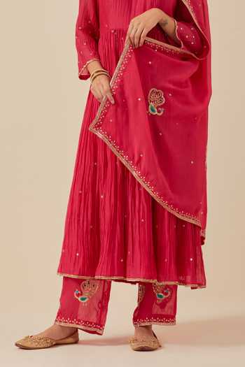 Ikshita Choudhary_Pink Chanderi, Tissue, Organza Embroidery, Sequins Hand Work Anarkali Pant Set _at_Aza_Fashions