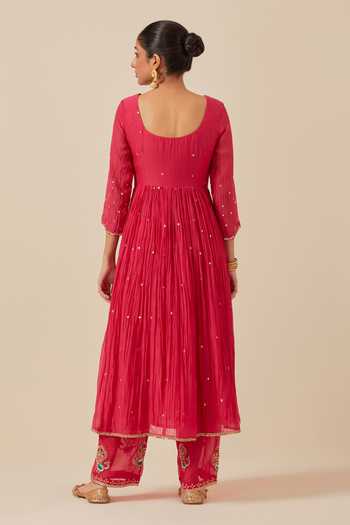 Shop_Ikshita Choudhary_Pink Chanderi, Tissue, Organza Embroidery, Sequins Hand Work Anarkali Pant Set _at_Aza_Fashions