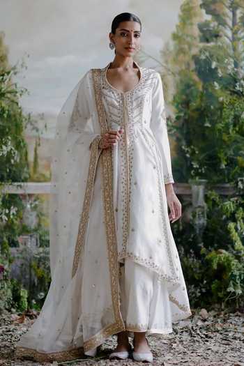 Buy_Jigar Mali_Ivory Chanderi, Organza Embroidery Asymmetric Jacket Pant Set _at_Aza_Fashions