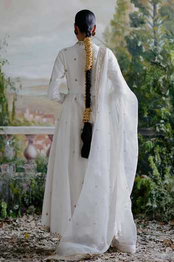 Shop_Jigar Mali_Ivory Chanderi, Organza Embroidery Asymmetric Jacket Pant Set _at_Aza_Fashions
