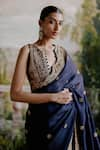 Buy_Jigar Mali_Blue Organza Embroidered Floral Notched Saree And Jacket Cut Blouse Set _Online_at_Aza_Fashions