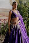 Jigar Mali_Purple Chanderi Embroidered Floral V Neck Dori Lehenga Set _at_Aza_Fashions