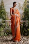 Jigar Mali_Orange Organza Embroidered Floral V Neck Saree And Blouse Set _Online_at_Aza_Fashions