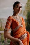 Buy_Jigar Mali_Orange Organza Embroidered Floral V Neck Saree And Blouse Set _Online_at_Aza_Fashions