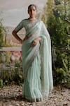 Buy Jigar Mali Green Organza, Chanderi Embroidery V-neck Floral Saree And Blouse Set at Aza Fashions Buy_Jigar Mali_Green Organza, Chanderi Embroidery V-neck Floral Saree And Blouse Set _at_Aza_Fashions