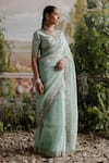 Jigar Mali Green Organza, Chanderi Embroidery V-neck Floral Saree And Blouse Set Online at Aza Fashions Jigar Mali_Green Organza, Chanderi Embroidery V-neck Floral Saree And Blouse Set _Online_at_Aza_Fashions