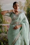 Shop Jigar Mali Green Organza, Chanderi Embroidery V-neck Floral Saree And Blouse Set Online at Aza Fashions Shop_Jigar Mali_Green Organza, Chanderi Embroidery V-neck Floral Saree And Blouse Set _Online_at_Aza_Fashions