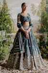 Buy_Jigar Mali_Green Chanderi Embroidery Sequin Leaf Neck Stripe Bridal Lehenga Set  _at_Aza_Fashions