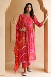 Shop_Geroo Jaipur_Pink Cotton Rayon Embroidered Thread Notched Work Kurta Pant Set _Online_at_Aza_Fashions