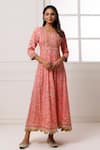 Buy_Geroo Jaipur_Pink Cotton Rayon Printed Botanical Notched Anarkali _at_Aza_Fashions