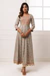 Buy_Geroo Jaipur_Grey Cotton Rayon Printed Botanical Notched Flower Anarkali _at_Aza_Fashions