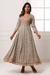 Geroo Jaipur_Grey Cotton Rayon Printed Botanical Notched Flower Anarkali _Online_at_Aza_Fashions