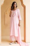 Buy_Geroo Jaipur_Pink Kurta And Pant Cotton Embroidery Gota Patti Notched Yoke Palazzo Set _Online_at_Aza_Fashions