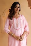 Shop_Geroo Jaipur_Pink Kurta And Pant Cotton Embroidery Gota Patti Notched Yoke Palazzo Set _Online_at_Aza_Fashions