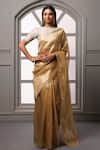 Buy_Geroo Jaipur_Beige Saree Banarasi Tissue Floral Placement With Unstitched Blouse Piece_at_Aza_Fashions