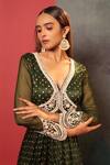 Buy_Bandhani_Green Silk Pearls V-neck Dot Bandhani Pattern Anarkali _Online_at_Aza_Fashions