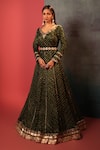 Buy_Bandhani_Green Silk Embroidery V-neck Bandhani Anarkali Set _at_Aza_Fashions